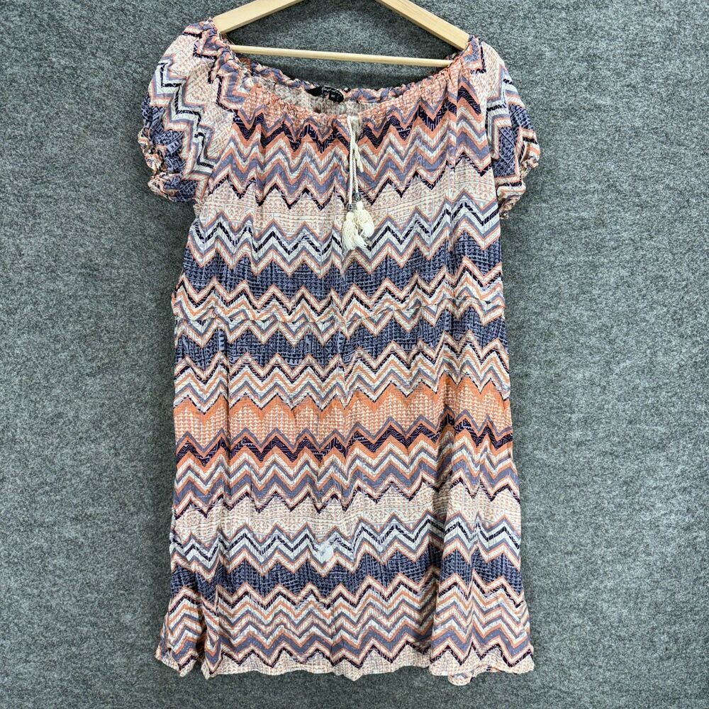 Just Love Dress Women 3X Plus Beige Striped Shift Short Tasseled Short Sleeve